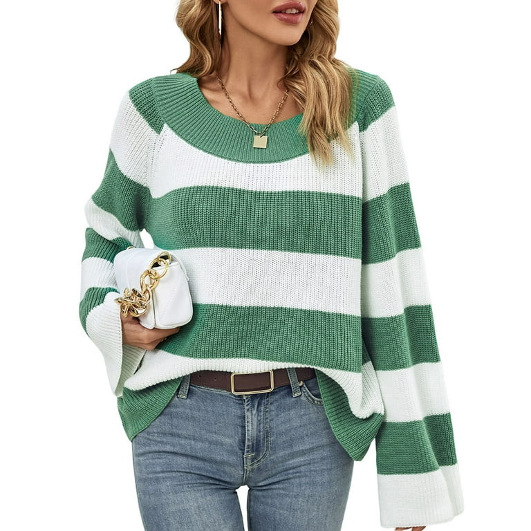 WIPONKEN Oversized Sweaters Off the Shoulder Sweaters for Women Knit Sweaters Tops Green Striped ... | Walmart (US)