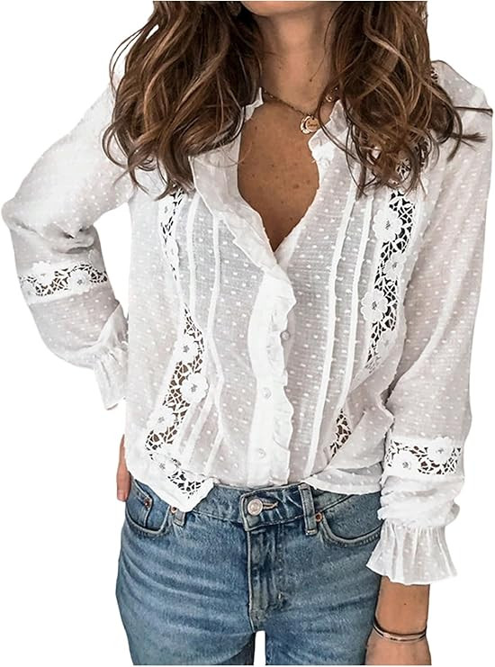 SHENHE Women's Lace Crochet Tunic Tops Casual Flowy Hollow Out V Neck Button Down Blouses Shirts ... | Amazon (US)