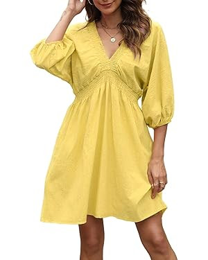 Ladyful Women's Cotton Linen Mini Dress V Neck 3/4 Sleeve Babydoll Short Flowy Dress Casual Loose... | Amazon (US)