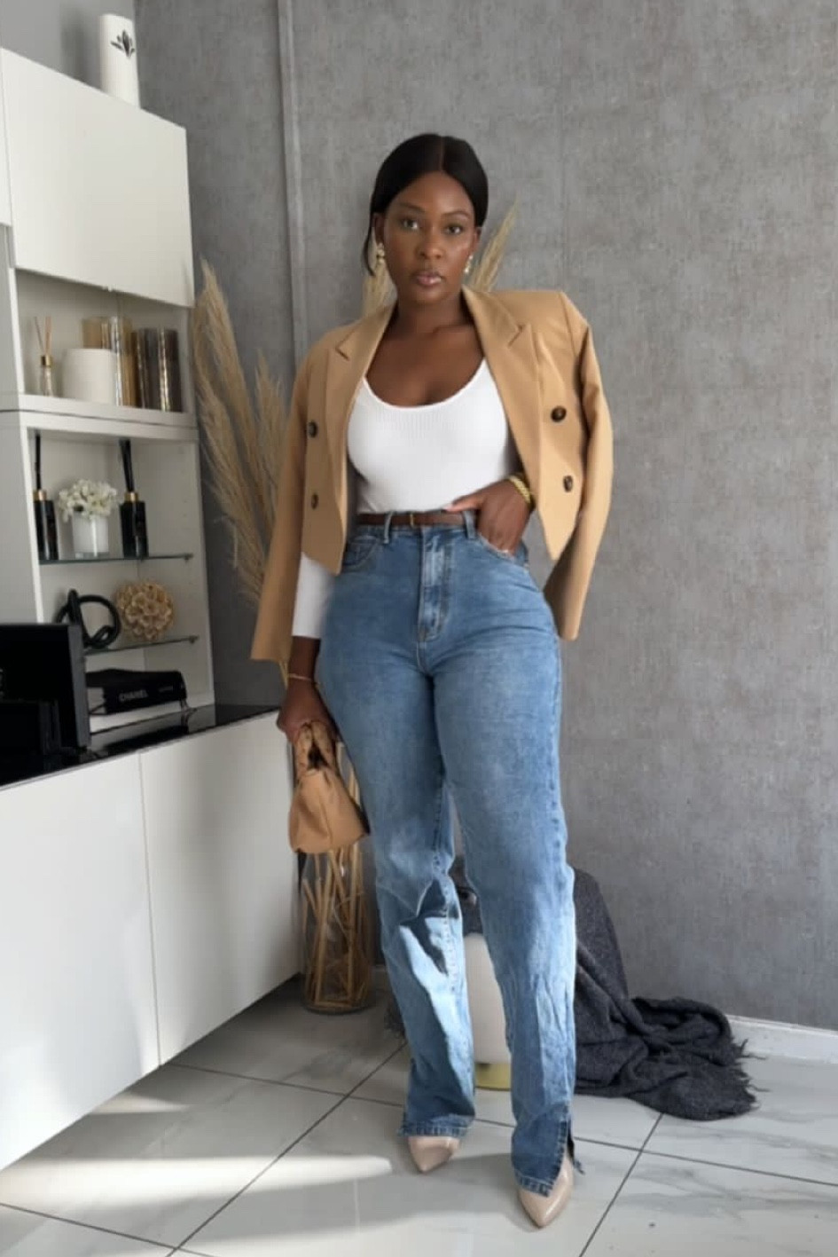 Cropped beige blazer, cream blazer, white scoop long sleeve tops high waisted jeans, pointed heeled boots, H&M, plt 

#LTKstyletip #LTKeurope #LTKSeasonal