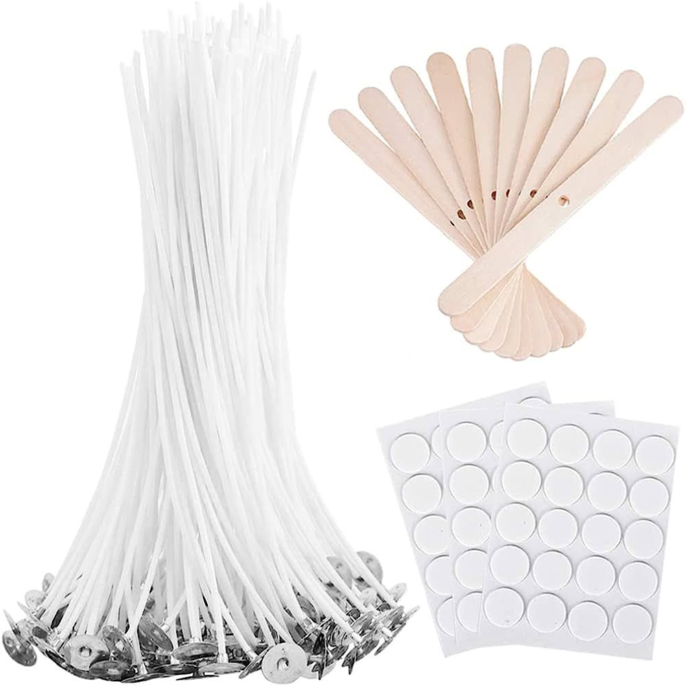 Bulk Candle Wicks 100 Pcs with 60Pcs Candle Wick Stickers and 10 Pcs Wooden Candle Wick Centering De | Amazon (US)