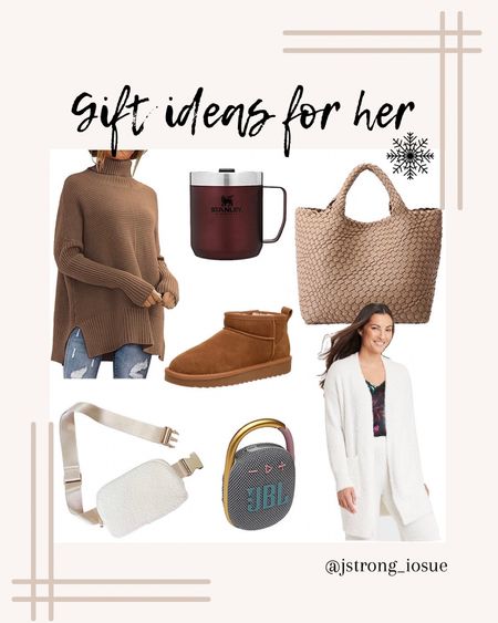 Gift ideas for her! Sweaters are cozy and warm. Mini Ugg and Lululemon Sherpa belt bag dupes! A handbag to carry all the things while staying fashionable! Mini speaker to hook onto your purse, pool bag, bike or stroller. 

#LTKHoliday #LTKGiftGuide #LTKunder100