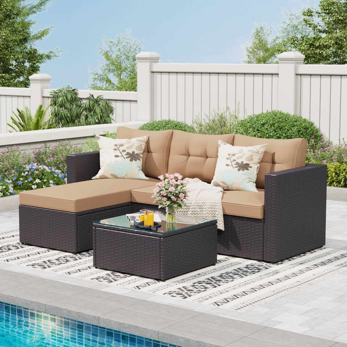 3pc Steel & Wicker Outdoor Conversation Set with Square Coffee Table & Cushions - Captiva Designs | Target