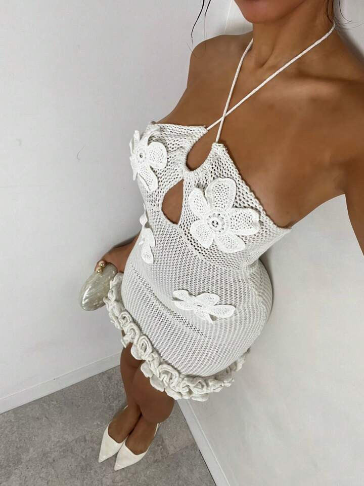 Glamine Spring & Summer Sleeveless Hollow-Out Halter Elegant Floral Decor Figure-Hugging Women Sweater Dress With Ruffle Hem Bathing Suits Cover Up Swimsuit Cover Up Beach Cover Up Dress | SHEIN