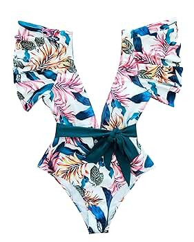 Telaura One Piece Flounce Swimsuit Women Ruffle Floral Print Monokini | Amazon (US)