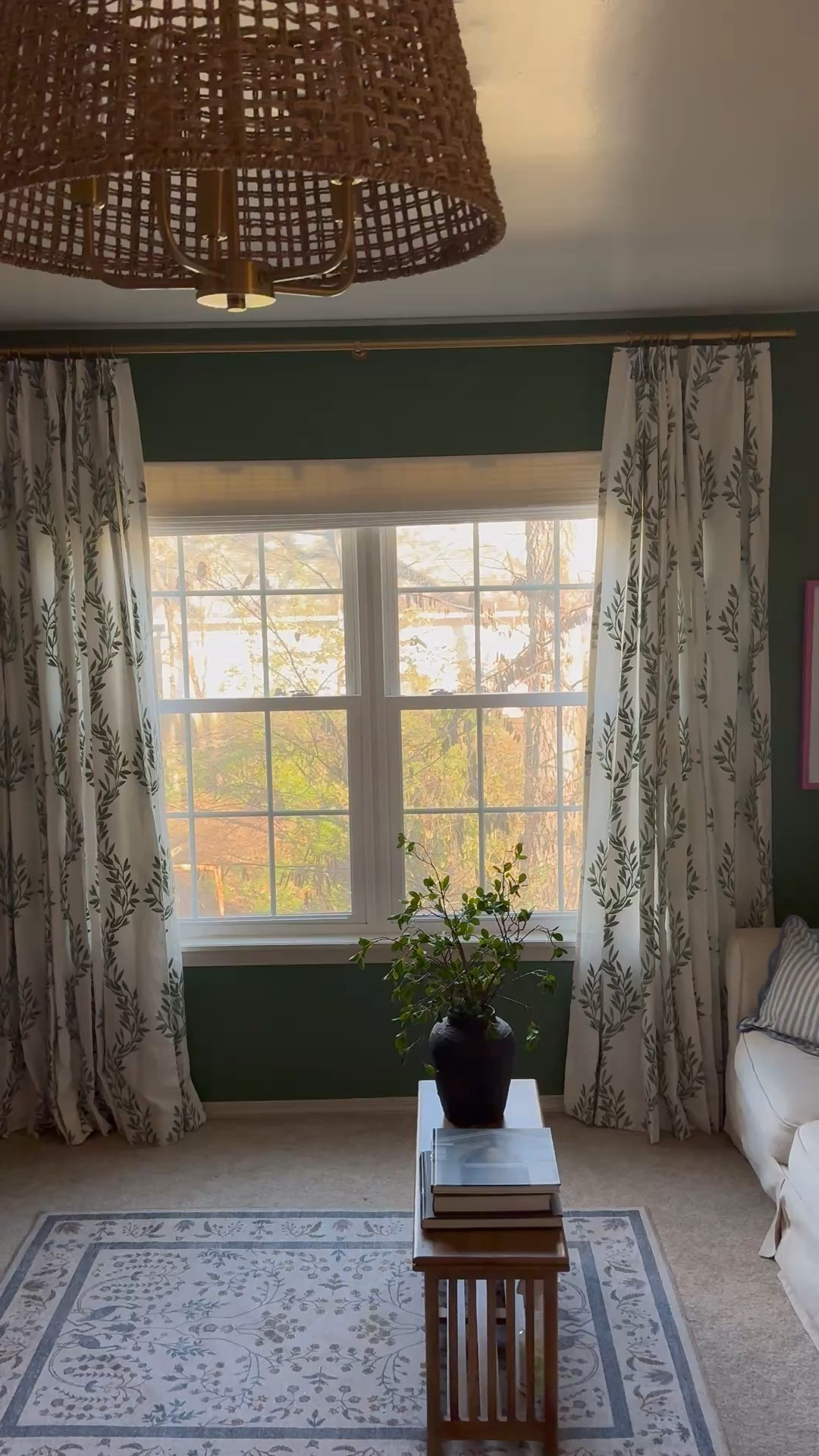Woven light fixture, embroidered linen curtains, green and blue leaf curtains, pinch pleat drapes, Roman shade, rug, bedroom inspo 

#LTKSeasonal #LTKHome #LTKSaleAlert