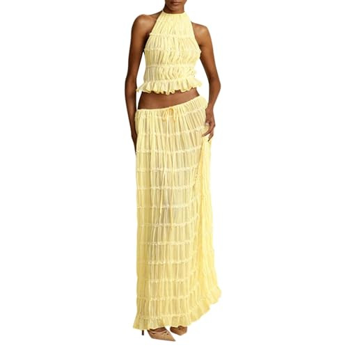 Generic Womens 2 Piece Maxi Skirt Set, Lace Up Sleeveless Tank Top and Flowy Long Skirt 2024 Summer Beach Outfit, Medium, Yellow | Amazon (US)
