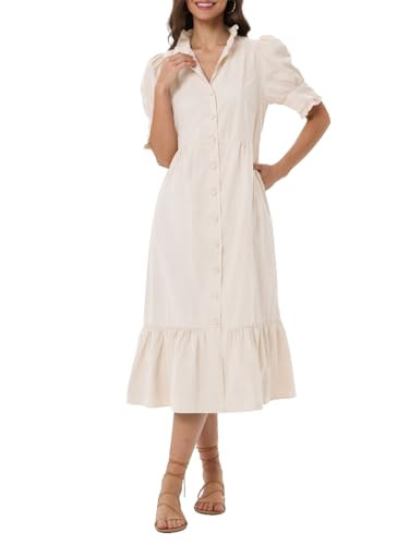 Kedera Women's Button Down Midi Dress RIC Rac Trim Puff Short Sleeve Stand Collar Elegant Tiered ... | Amazon (US)