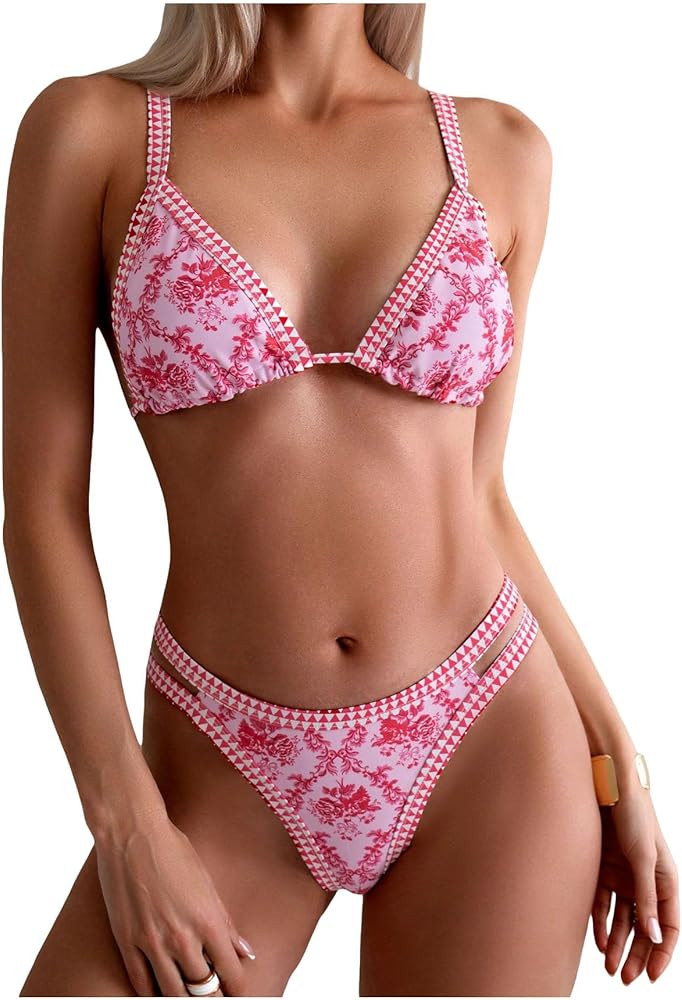 MakeMeChic Women's 2 Piece Swimsuit Floral Pattern Sleeveless Tie Backless High Cut Summer Beach ... | Amazon (US)