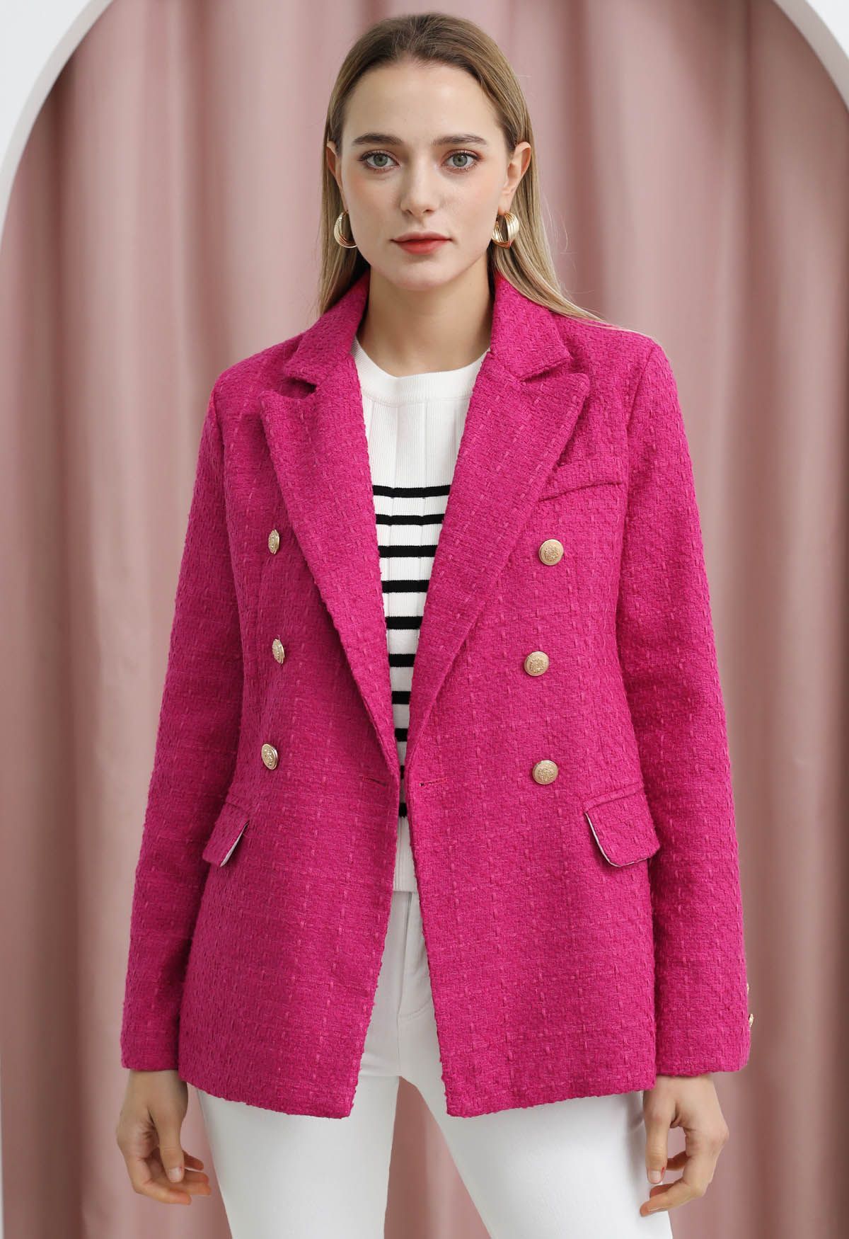 Check Tweed Double-Breasted Blazer in Hot Pink | Chicwish