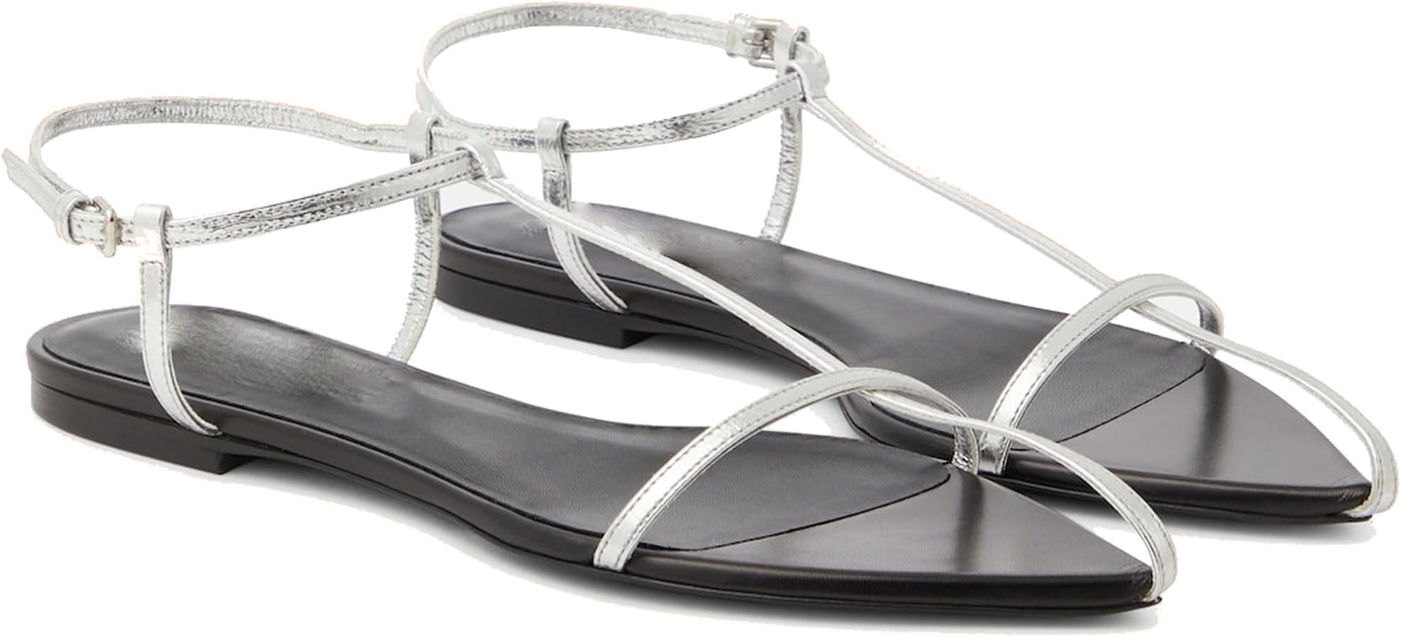 Black Flat Sandals for Women Adjustable Metallic Buckle Ankle Strap Slide Sandals Comfortable Poi... | Amazon (US)