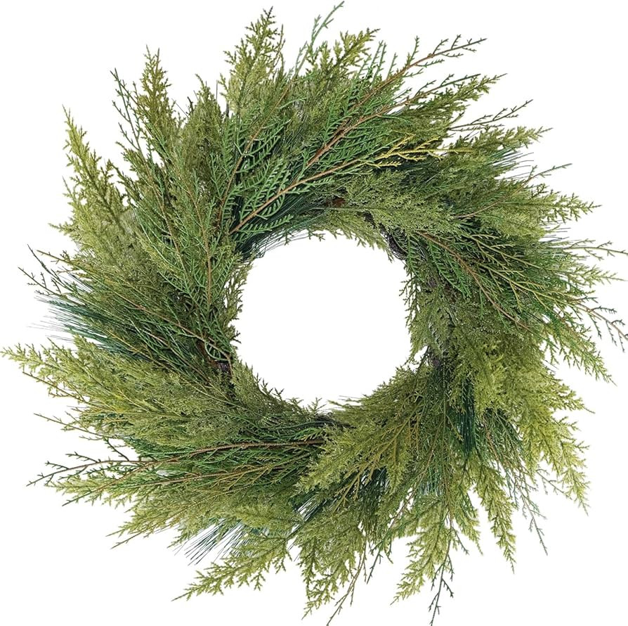 20” Green Faux Norfolk Pine Christmas Winter Wreath – Mixed with Real Touch Fake Cypress, Ced... | Amazon (US)