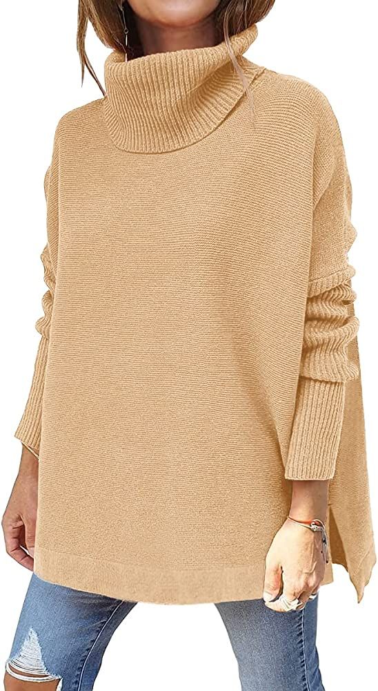 LILLUSORY Women's Turtleneck Oversized Sweaters 2021 Fall Long Batwing Sleeve Spilt Hem Tunic Pullov | Amazon (US)