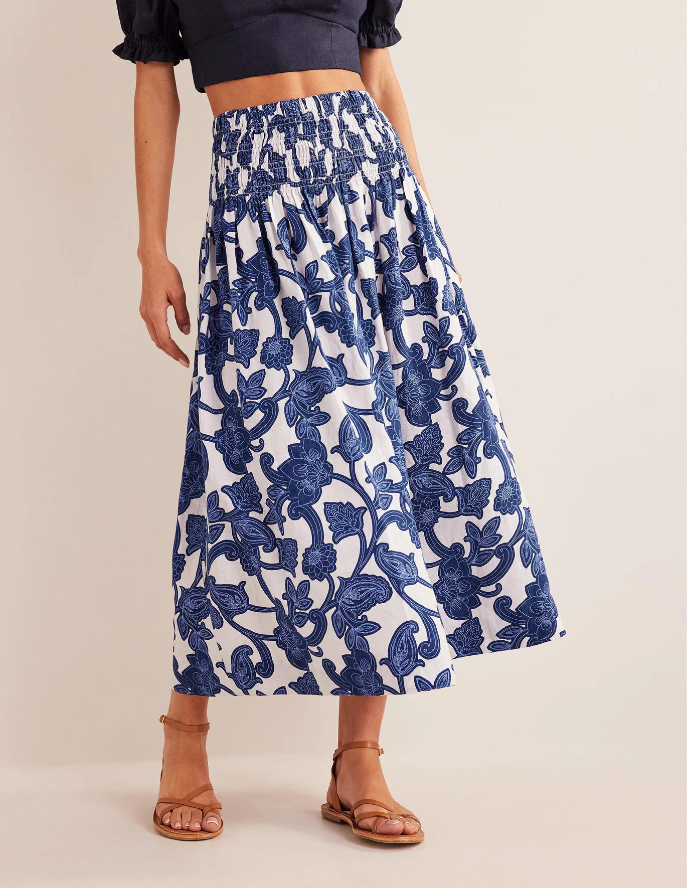 Shirred Waist Linen Midi Skirt | Boden (UK & IE)