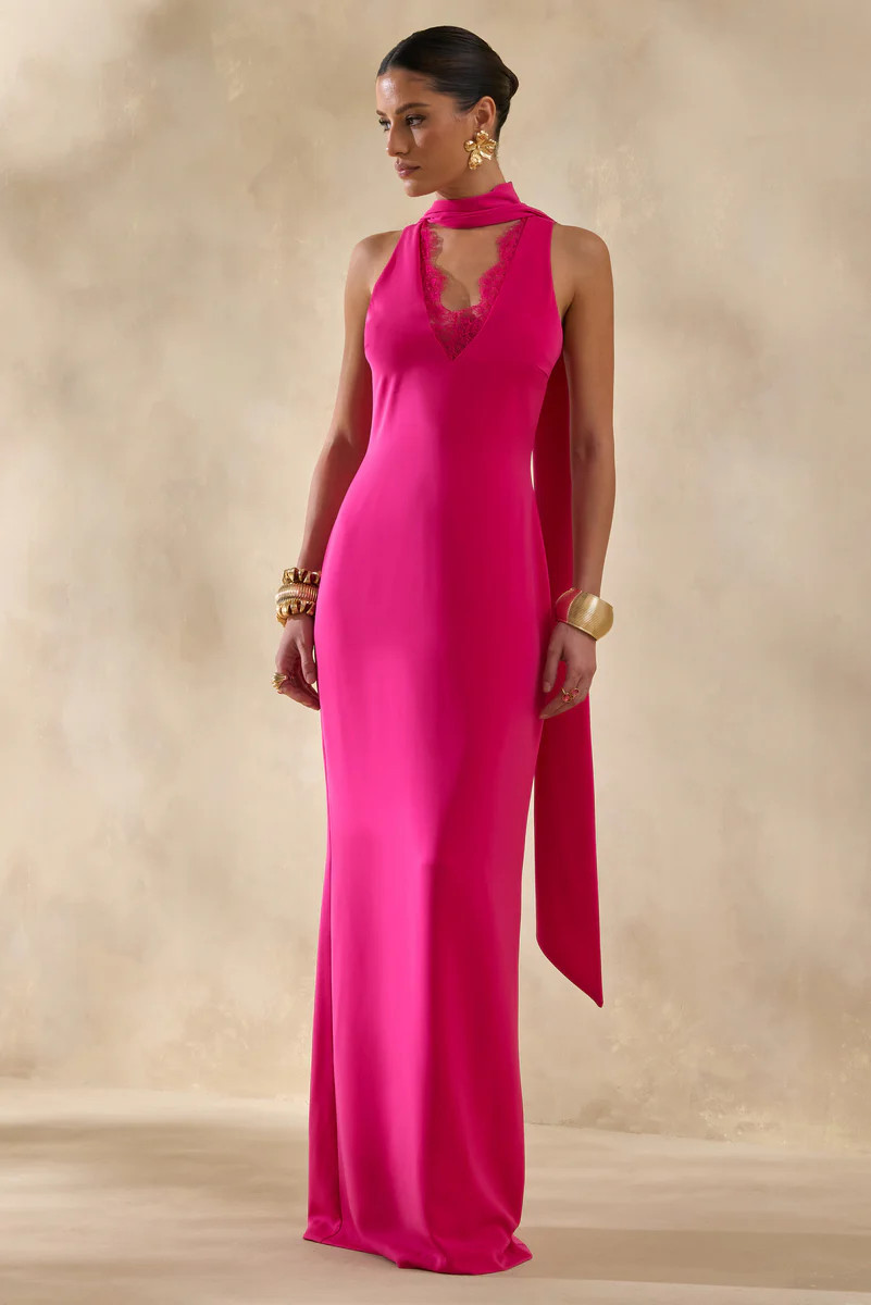 True Icon  Hot Pink Satin High-Neck Maxi Slip Dress With Sash | Club L London