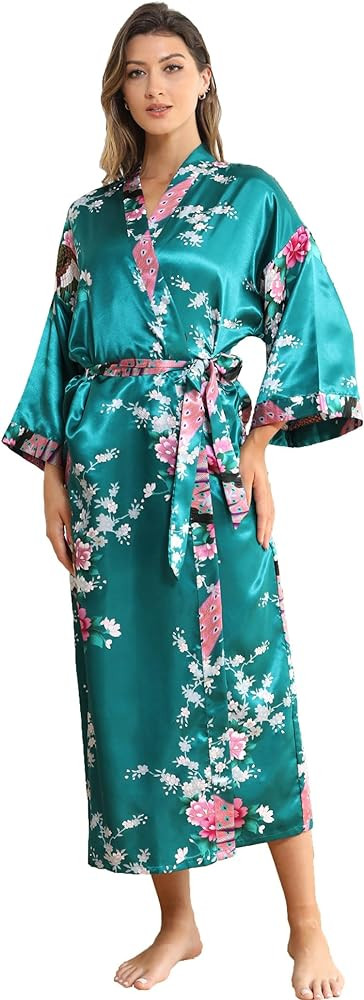 Women's Satin Kimono Robe Floral Long Silky Robes Bridal Kimonos Bridesmaid Party Dressing Gown | Amazon (US)