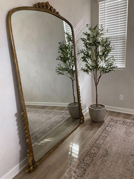 home office decor, organic modern, anthropologie mirror, anthro mirror, vintage-inspired mirror, faux olive tree, concrete planter, spanish moss, vintage-inspired rug

#LTKhome