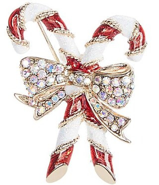 Merry Bright Crystal Christmas Bow Candy Cane Pin - Gold/Multi | Dillard's