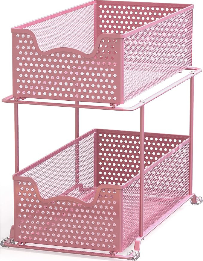 Simple Houseware 2 Tier Sliding Cabinet Basket Organizer Drawer, Pink | Amazon (US)
