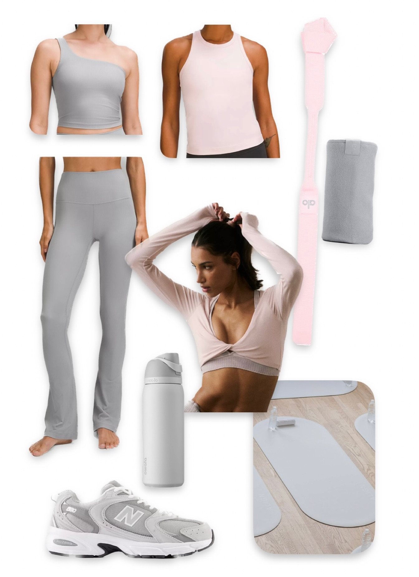 Yoga / Pilates / Low Impact workout fit mix & match. Pink & grey / feminine / natural look. Studio / gym outfit ideas

Lulu one sided top ordered size 2
Ordered size 6 in the strawberry tank
Aligns I wear size 2, but I order the “extra short” mini flares in size 4. 

Towel comes in 2 options, less expensive without the mat grip loops. linked both 

owala has a straw zip built in 

new balances are so cute

The mat I don’t own/ can’t link, but I want . Its the align pilates mat, just search on google. 