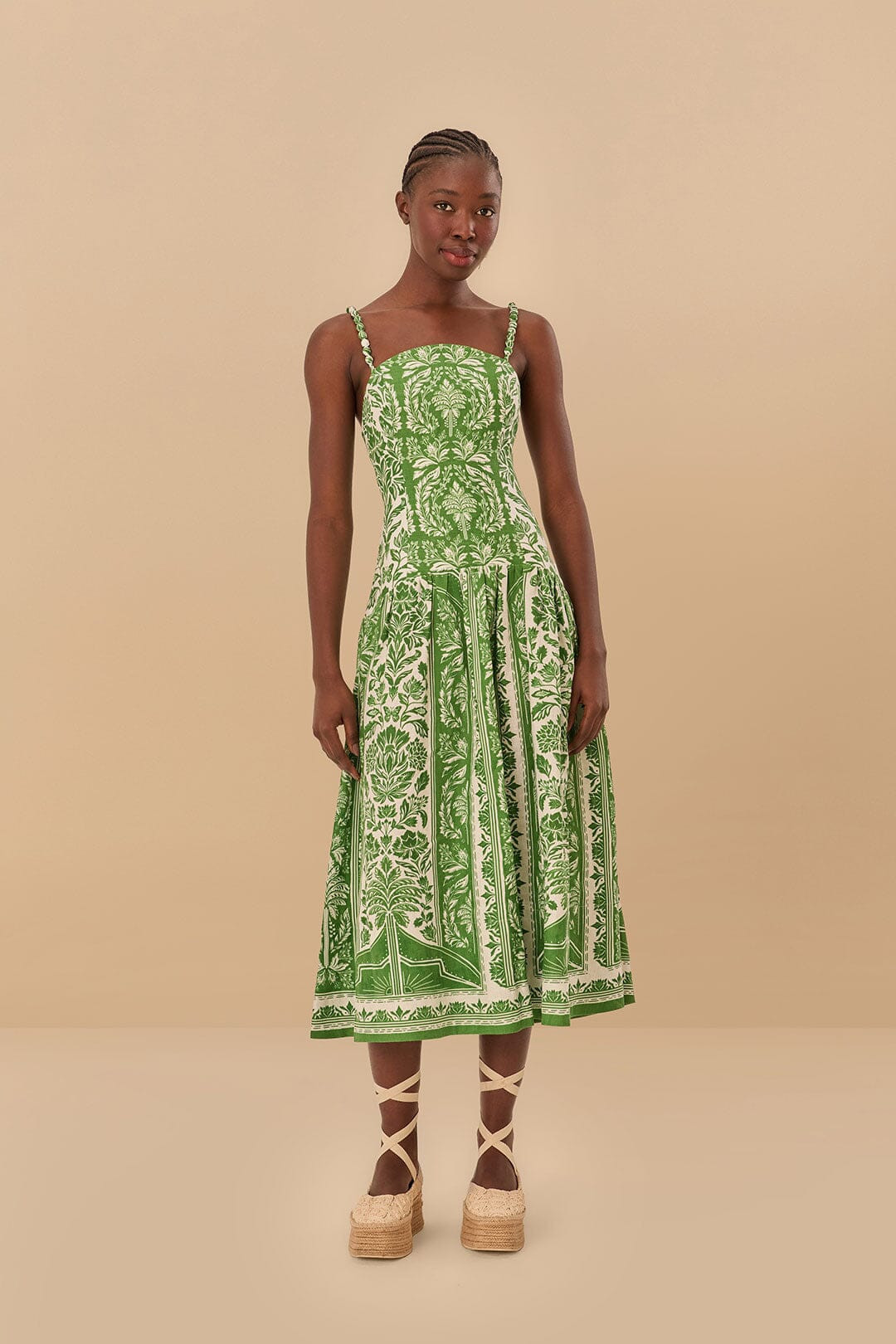 Green Delicate Tapestry Euroflax Premium Linen Midi Dress, DELICATE TAPESTRY GREEN / M | FarmRio (US)