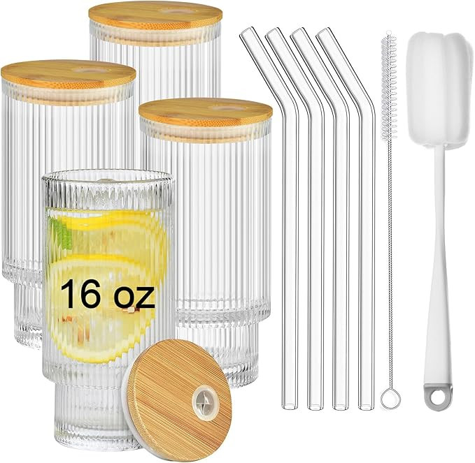 ALINK 16 OZ Ribbed Drinking Glasses 4pcs Set with Bamboo Lids and Glass Straws, Vintage Iced Coff... | Amazon (US)