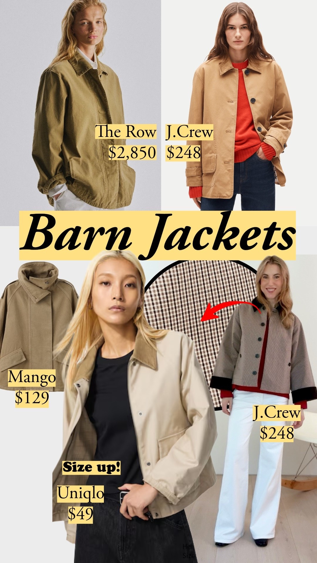 There's a reason The Row's barn jacket looks so good: it's modeled after J.Crew's time-tested classic. We know people who wear them. We've seen glimpses of it in pop culture. Yes, The Row does have crisper corners, but I'd rather save that precision for dressier pieces and go with the right balance of casual vs. precise. J.Crew, Uniqlo, COS, and Mango deliver for me. The Uniqlo jacket has smaller proportions, and the M worked for me better than the S. I sized down with J.Crew to XS.