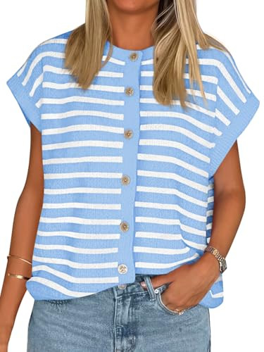 Cicy Bell Womens Striped Cap Sleeve Sweater Vest Button Down Cardigan Tops | Amazon (US)