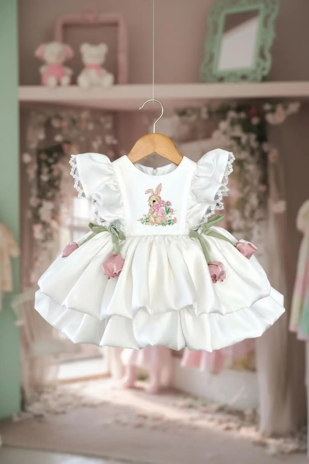 So Cute Bunny Embroidered Girl White Easter Dress, Kids Flower Detail White Toddler Rabbit Easter... | Etsy (US)