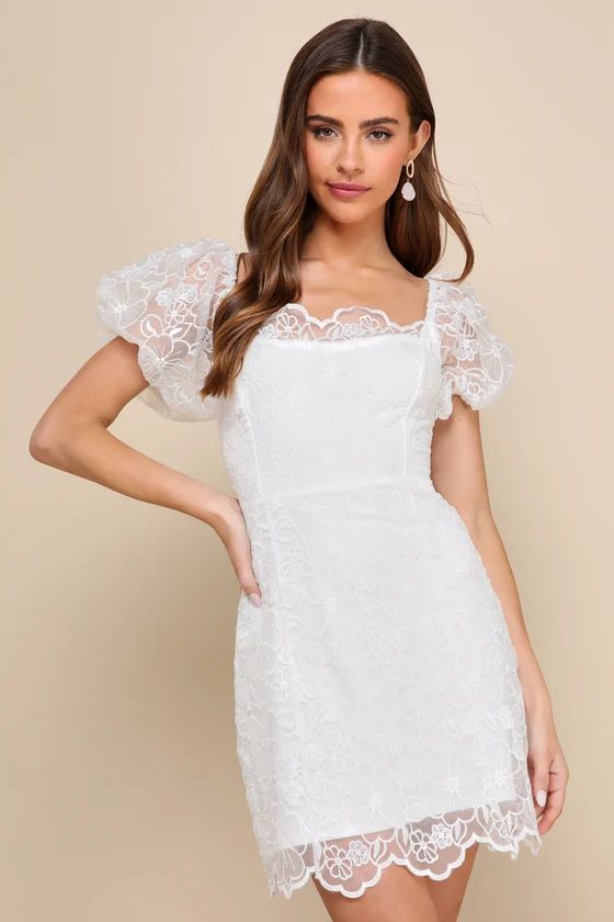 Lovely Direction White Floral Embroidered Puff Sleeve Mini Dress | Lulus