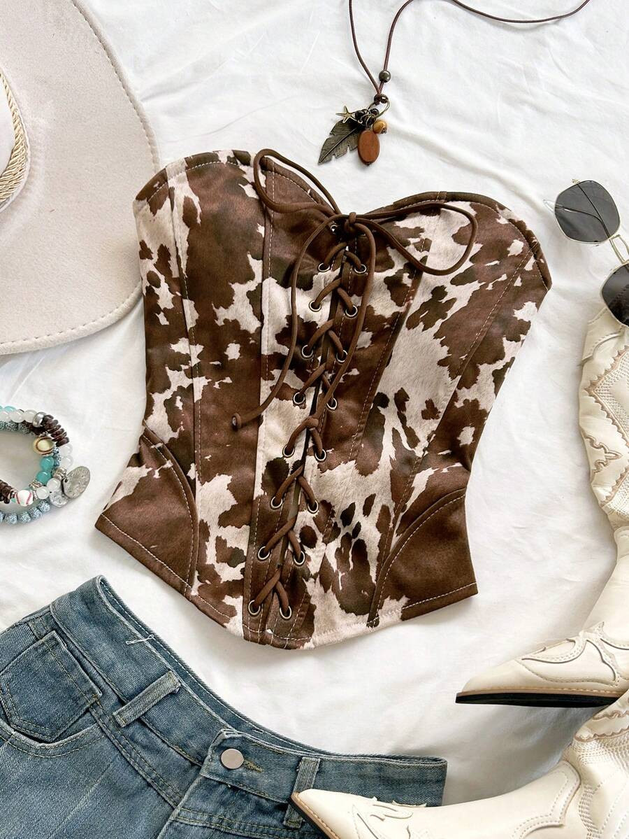 Soleia Suede Bandeau Tie-Up Rivet Crop Top,White Animal Print,Western,Night Out Cow Print Leather... | SHEIN