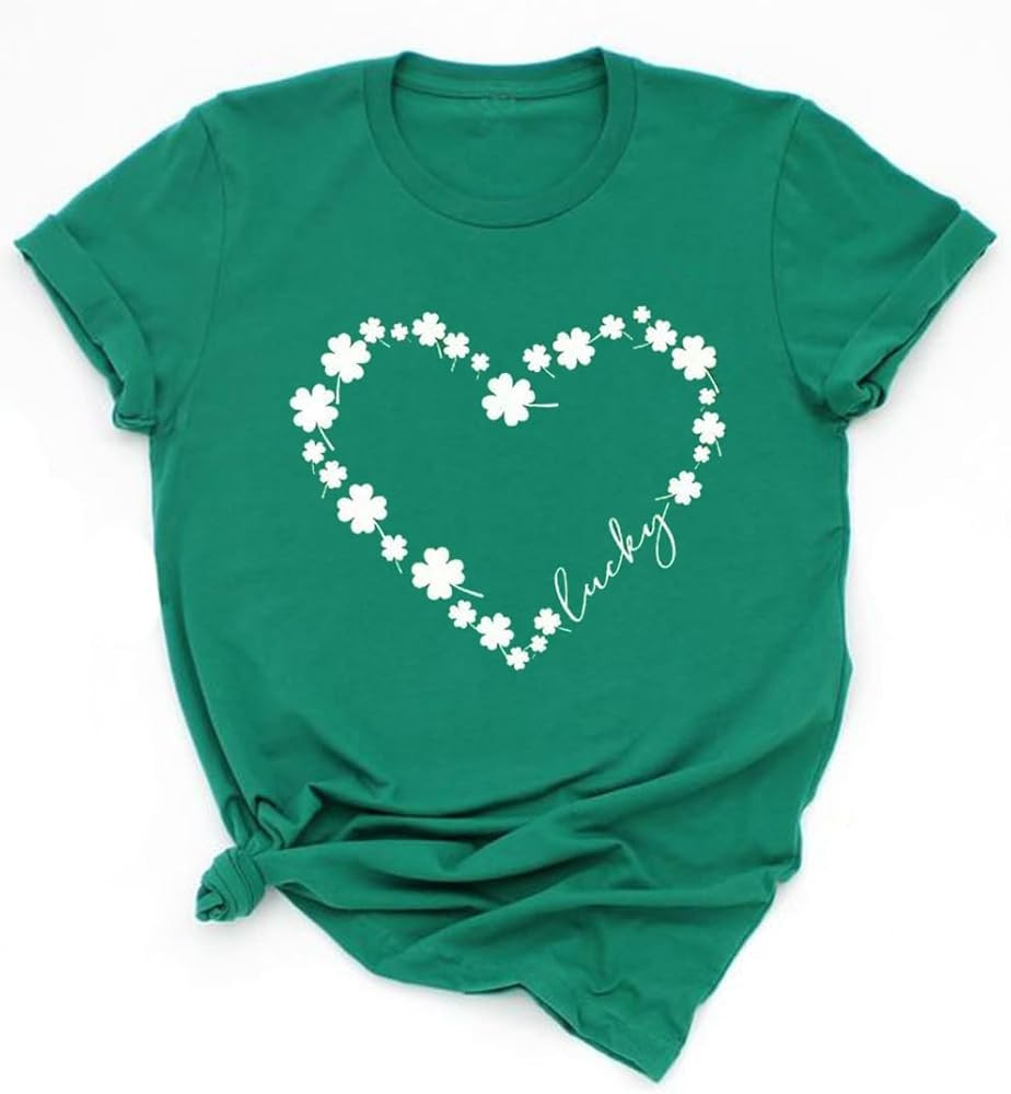 Womens St Patrick's Day Clover T-Shirt Shamrock Heart Graphic Tees Get Lucky Shirt Irish Tops | Amazon (US)