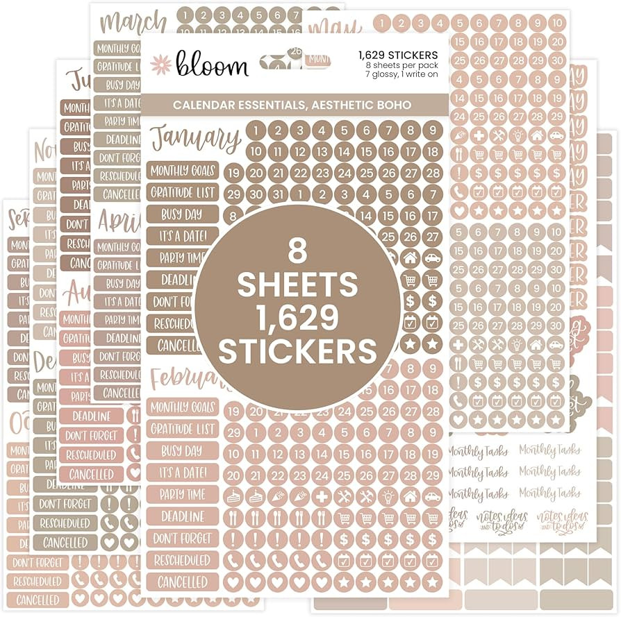 bloom daily planners Muted Neutrals Calendar Essentials Planner Stickers - 8 Sheets, 1629 Sticker... | Amazon (US)