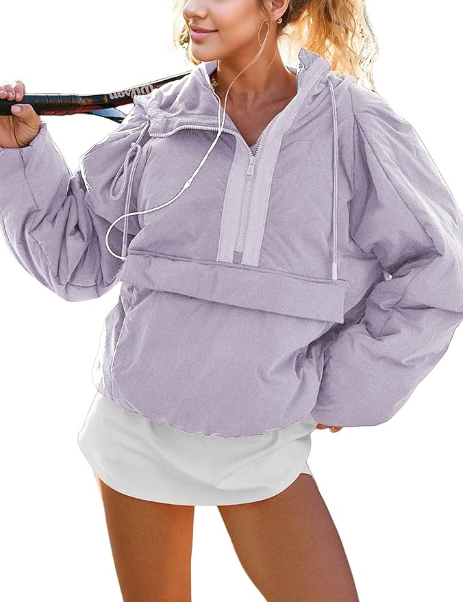 Womens Crew Neck Pullover Puffer Long Sleeve Loose Jacket Half Zip Hooded Coat with Drawstring | Amazon (US)