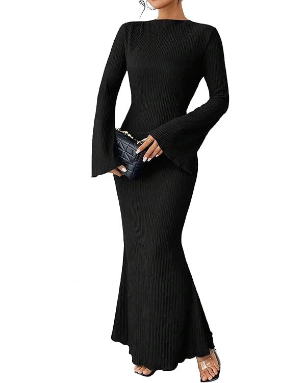 Narecte Fall Dresses for Women 2025 Maxi Dresses Solid Color Boho Dress Flare Sleeve Bodycon Dres... | Amazon (US)