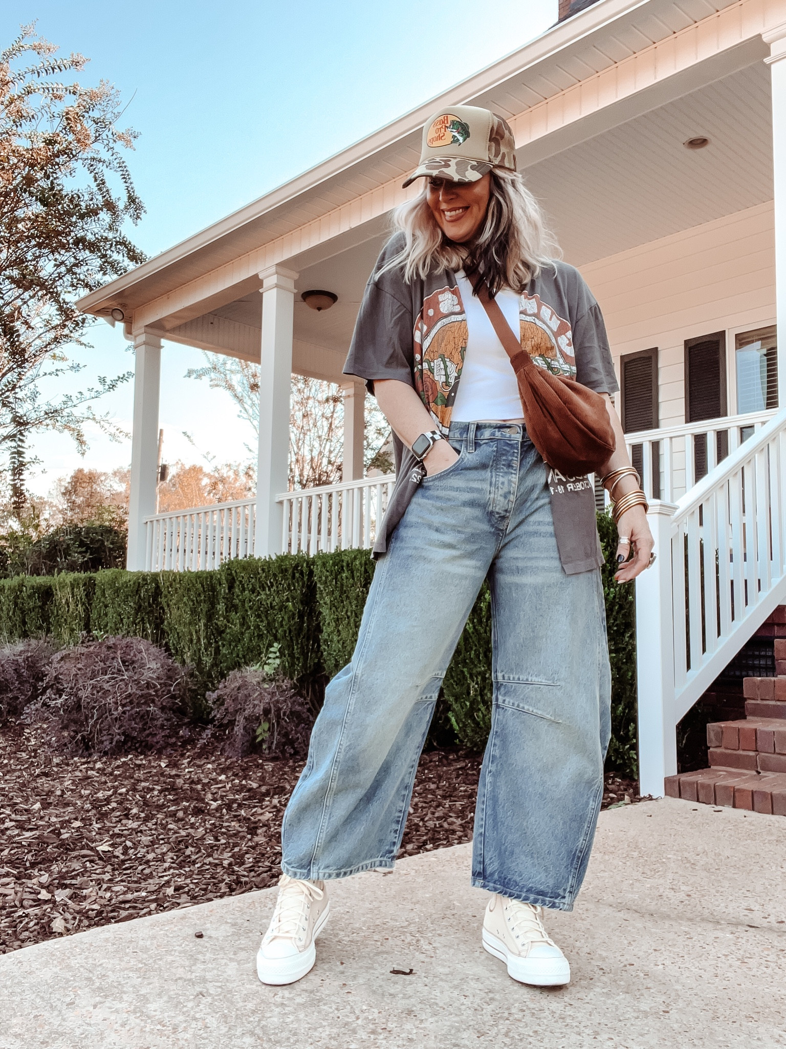 OOTD, barrel jeans, free People jeans, free People, graphic tee, corduroy bag, crescent bag, trucker hat, converse,

#LTKstyletip #LTKshoecrush #LTKover40