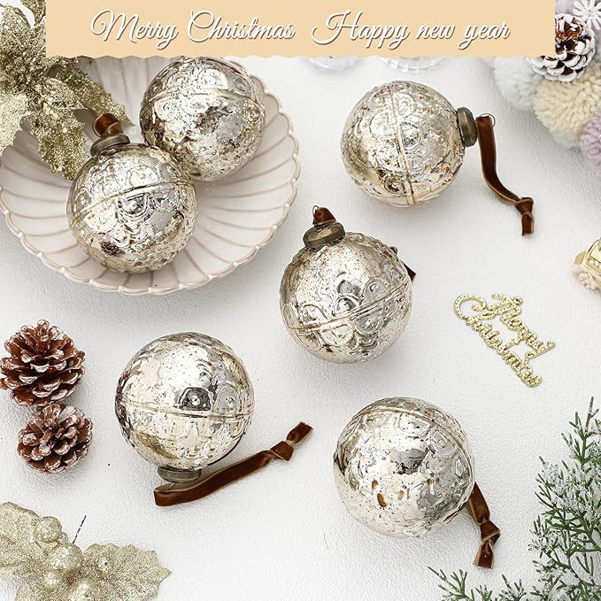 Threan 6 Pcs Large Vintage Mercury Glass Christmas Ornaments 3.15" Hanging Christmas Ball Ornamen... | Amazon (US)