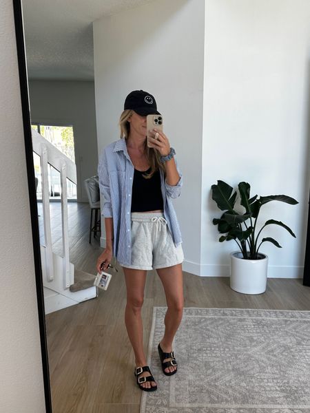 Comfy outfit. These Abercrombie shorts are my favorite, on sale today!! I wear the striped button down from amazon all summer too. 

#LTKstyletip #LTKsalealert #LTKfindsunder50