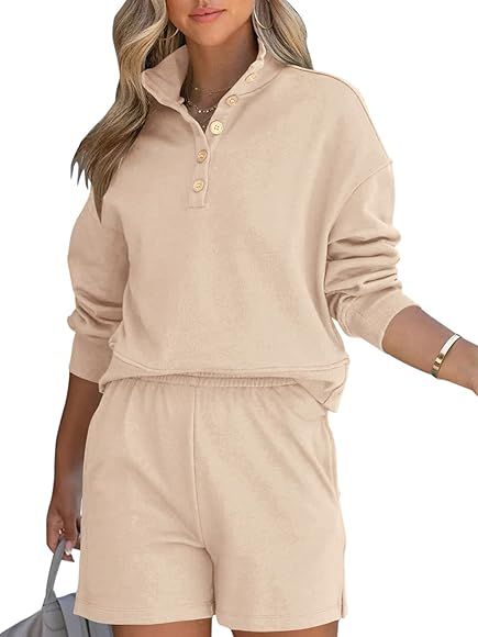 KIKIBERRY Womens Button Down Lounge Set V neck Long Sleeve 2 Piece Pajamas Loungewear Matching Sets  | Amazon (US)