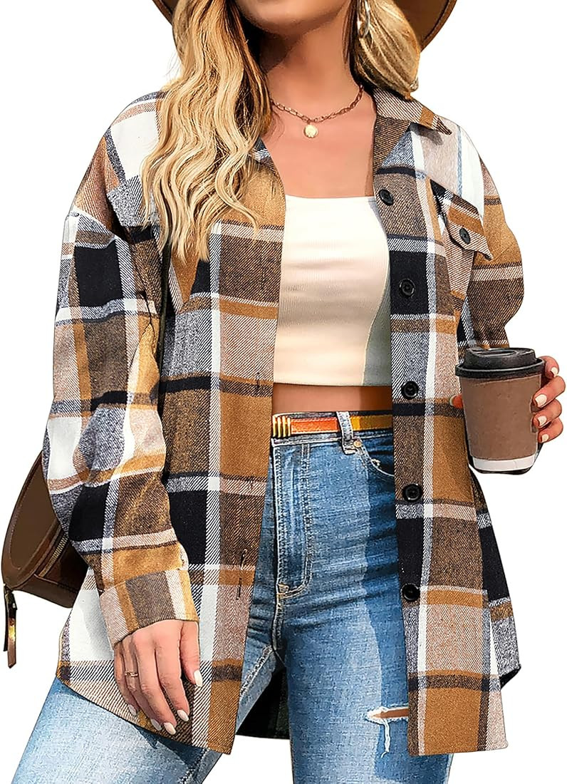 IN'VOLAND Womens Plus Size Shacket Jacket Flannel Plaid Long Sleeve Button Down Shirts Casual Fal... | Amazon (US)