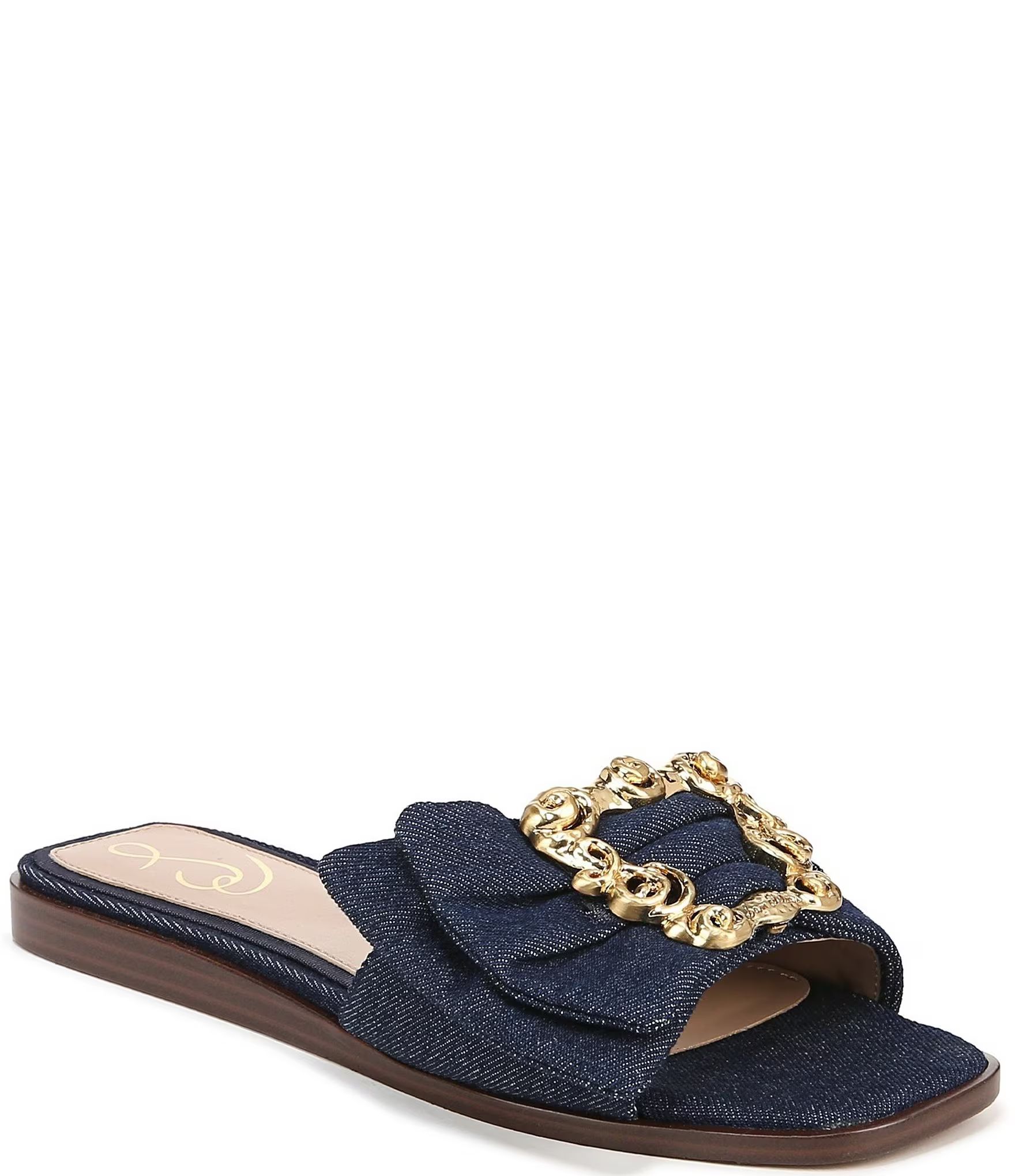 Ivana Denim Buckle Detail Square Toe Flat Slide Sandals | Dillard's