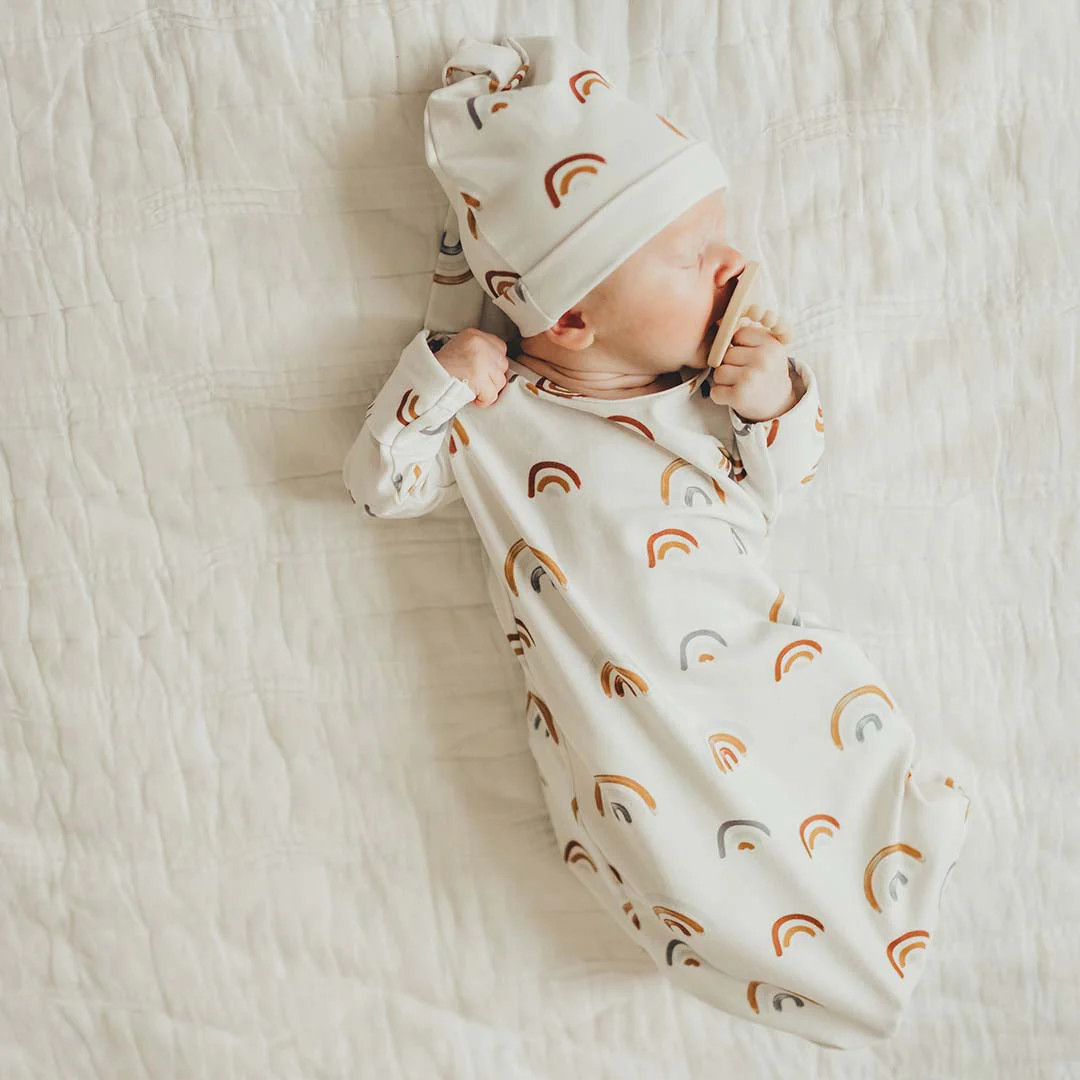 Cannon's Earthy Rainbow Newborn Baby Knot Gown & Hat | Caden Lane