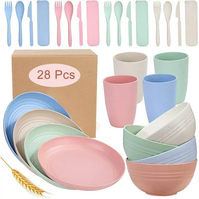 Wheat Straw Dinnerware Sets for 4 (28Pcs) Reusable Plastic Plates and Bowls Sets Lightweight Camp... | Walmart (US)