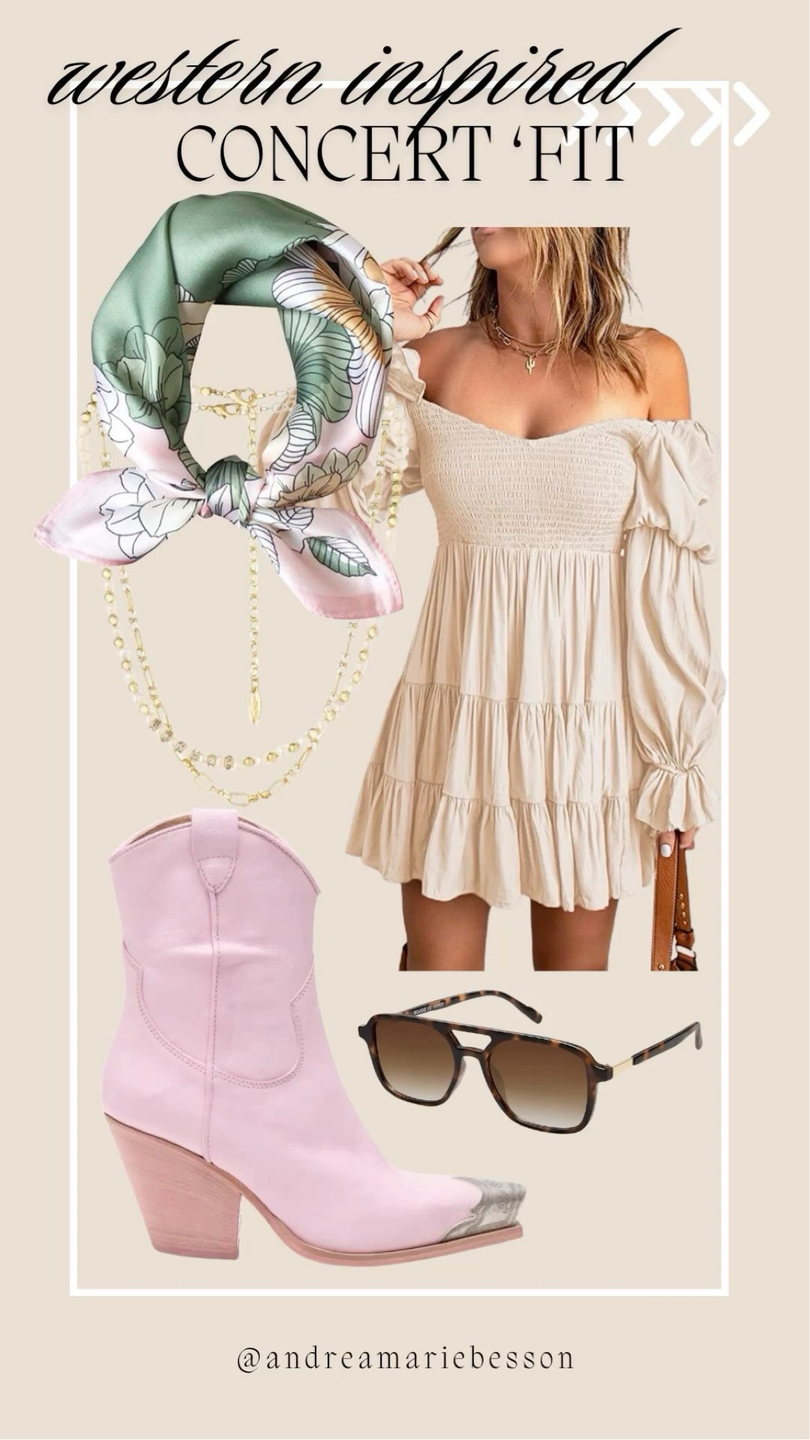 The perfect western-inspired concert outfit with a soft feminine twist 🤍 Featuring a flowy neutral mini dress, pastel cowboy boots, layered gold jewelry, oversized sunnies, and a silky floral scarf for the ultimate coastal cowgirl aesthetic. Perfect for country concerts, Nashville trips, summer festivals, rodeo nights, and western chic outfit inspiration. Save this for your next concert fit idea ✨ #westernstyle #concertoutfit #cowgirlstyle #nashvillefashion #countryconcertoutfit #bohostyle #neutralstyle #summeroutfitideas #westernfashion #coastalcowgirl