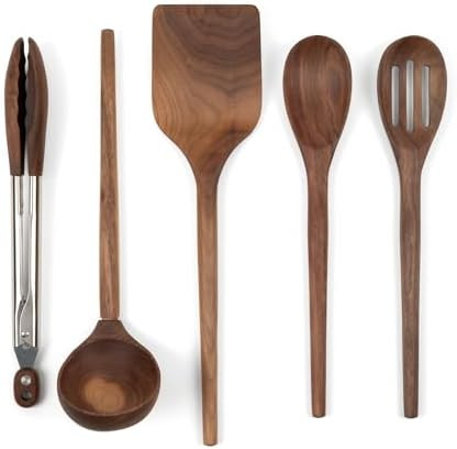 Salt & York 5-piece Walnut Wooden Kitchen Utensil Set - Includes Turner, Tongs, Slotted Spoon, La... | Amazon (US)