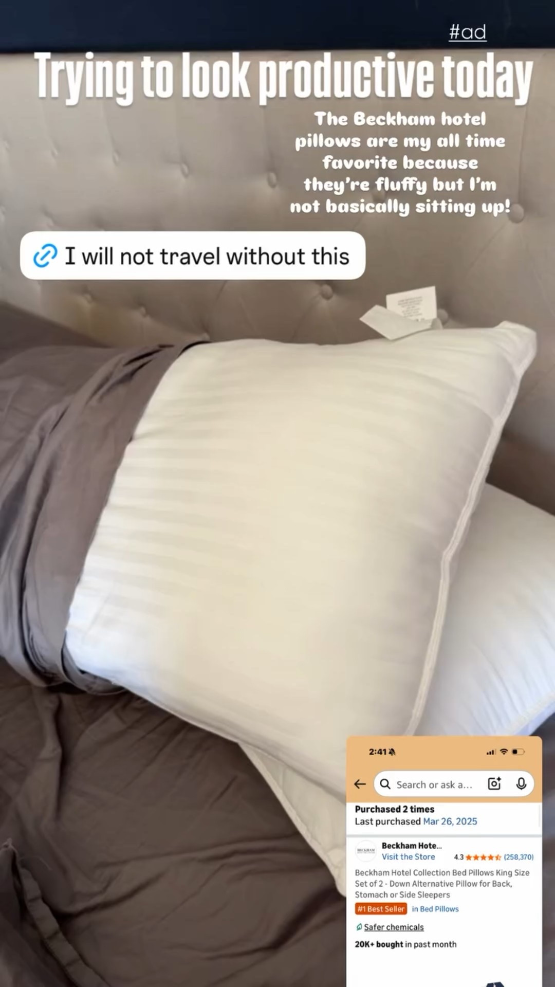 Trying to look productive today The Beckham hotel pillows are my all time favorite because they’re fluffy but I’m not basically sitting up! #ad