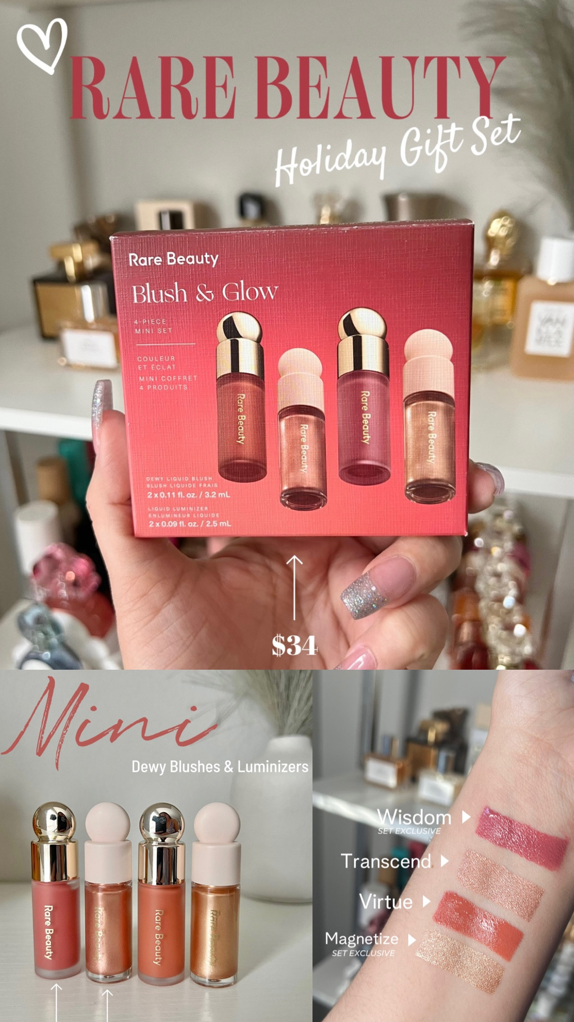 New Rare Beauty gift set with two exclusive shades and two fan favorite shades.  This set is so cute! Perfect for getting into rare beauty blushes and Luminizers. One thing I must say is that every shade is very pigmented and a little goes a long way. 😍  The Luminizers are a bit dark if you are fair so I will be using them as blush toppers and eyeshadow 🥰 

#LTKHoliday #LTKGiftGuide #LTKbeauty