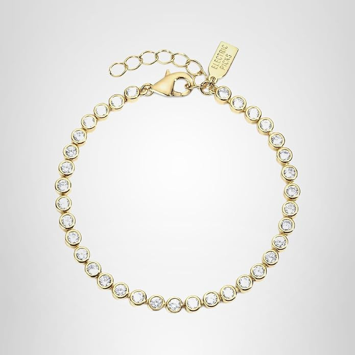 Bezel Tennis Bracelet for Women, 14k Gold Plated 3mm Bezel-Set Stone Chain Bracelet, 6.5" with 1.... | Amazon (US)