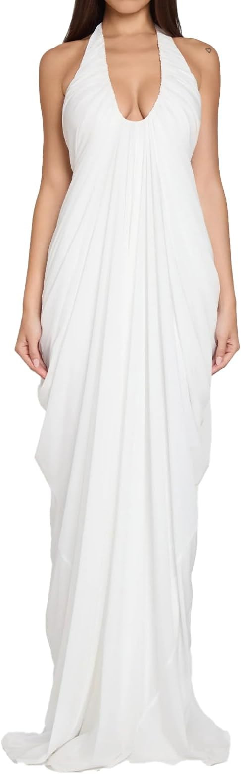 ABYOVRT Women White Dress Halter Deep V Neck Cascade Drape Floor Length Gown Wedding Guest Beach ... | Amazon (US)