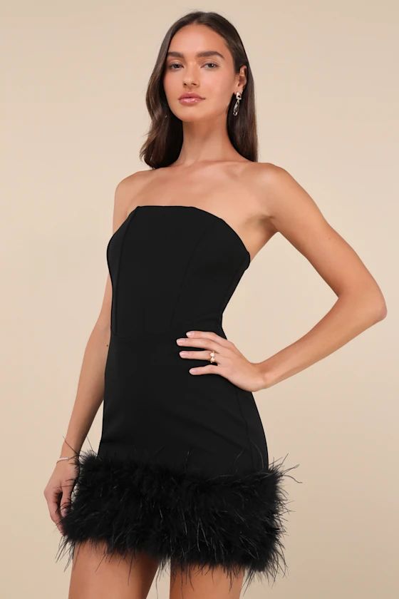 Black Strapless Bustier Feather Mini Dress | Black Mini Dress | Black Party Dress | Lulus